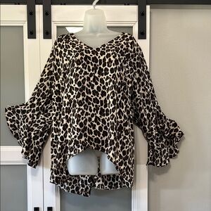 Vince Camuto Black and Brown Asymmetrical Bell Sleeve Blouse